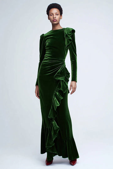 Green Velvet Ruffled Sheath Holiday Party Dress with Long Sleeves